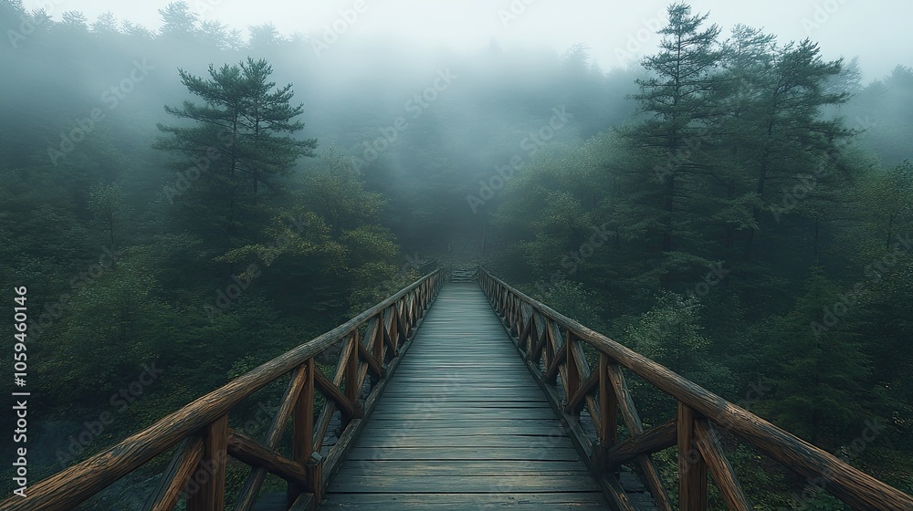 A wooden bridge stretches through a misty forest, leading to an unknown destination. A wooden bridge stretches through a misty forest, leading to an unknown destination.