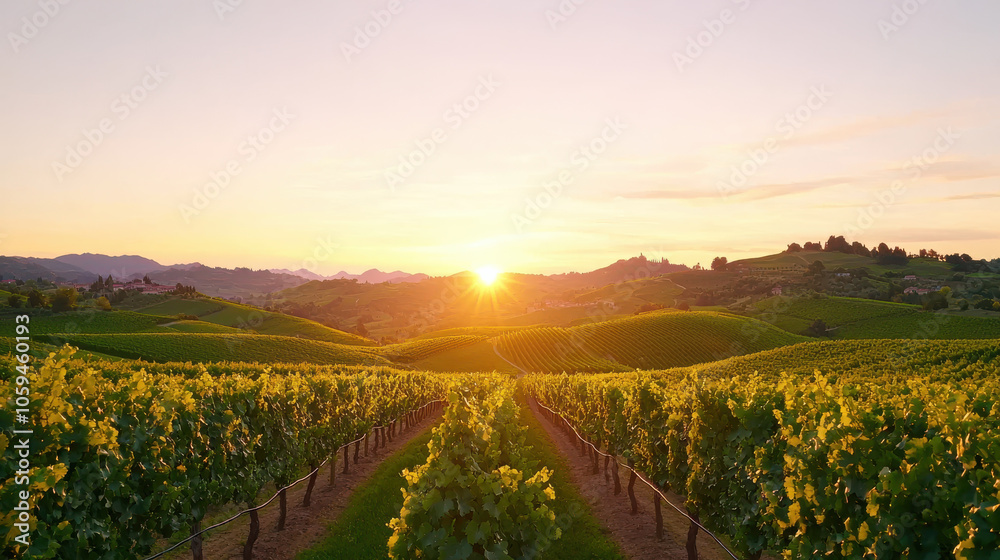 Fototapeta premium Sunset view over vineyard with rolling hills creates serene atmosphere