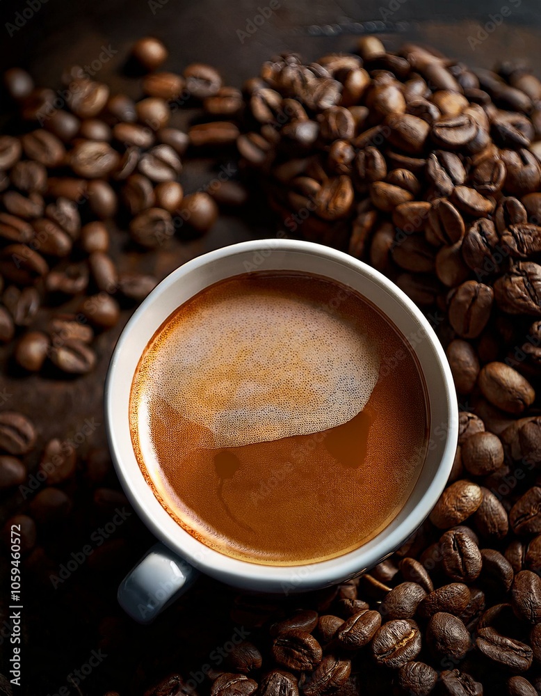 Café cremoso e intenso con un fondo de granos de café Arábica tostados Café cremoso e intenso con un fondo de granos de café Arábica tostados