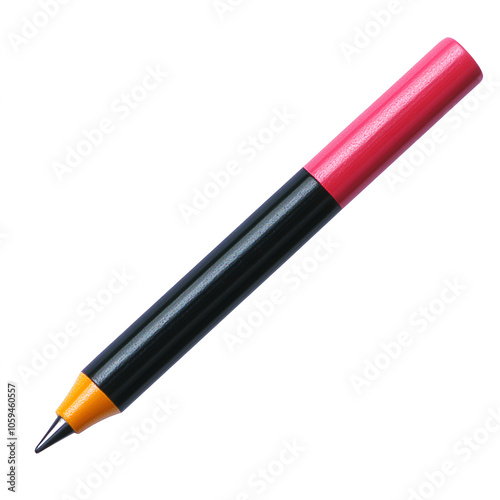 A vibrant black and pink pen with an orange tip resting on a clean, white background, showcasing its sleek design and unique color combination