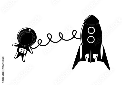 Black and white astronaut in space and rocket, silhouettes - horizontal vector illustration for design