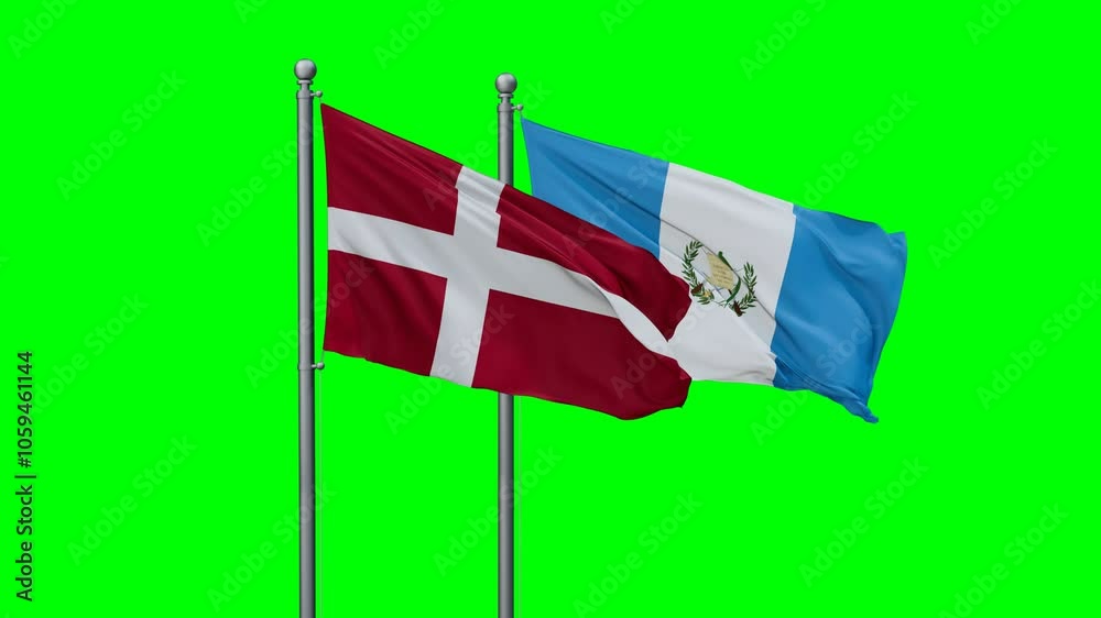 Guatemala and Denmark flags flying together, video concept of the relationship with colored chroma key for easy background remove Guatemala and Denmark flags flying together, video concept of the relationship with colored chroma key for easy background remove