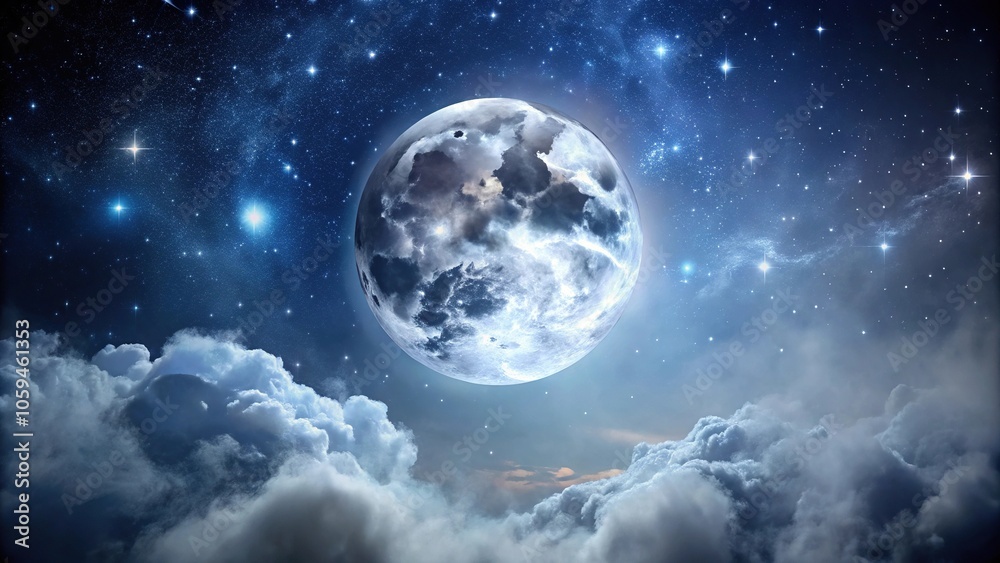 Fototapeta premium Low angle shot of the full moon in a dark night sky with stars and silvery mist, starry sky, lunar landscape, atmospheric effect, space, celestial body