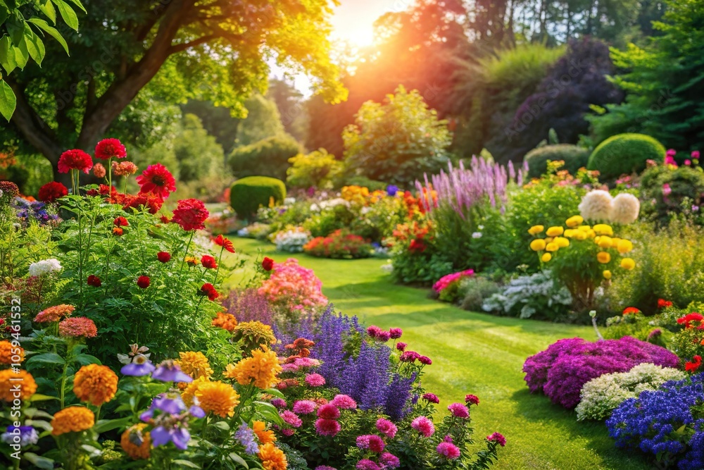 Lush greenery and vibrant flowers in a garden on a warm summer day, peaceful atmosphere, summer garden Lush greenery and vibrant flowers in a garden on a warm summer day, peaceful atmosphere, summer garden