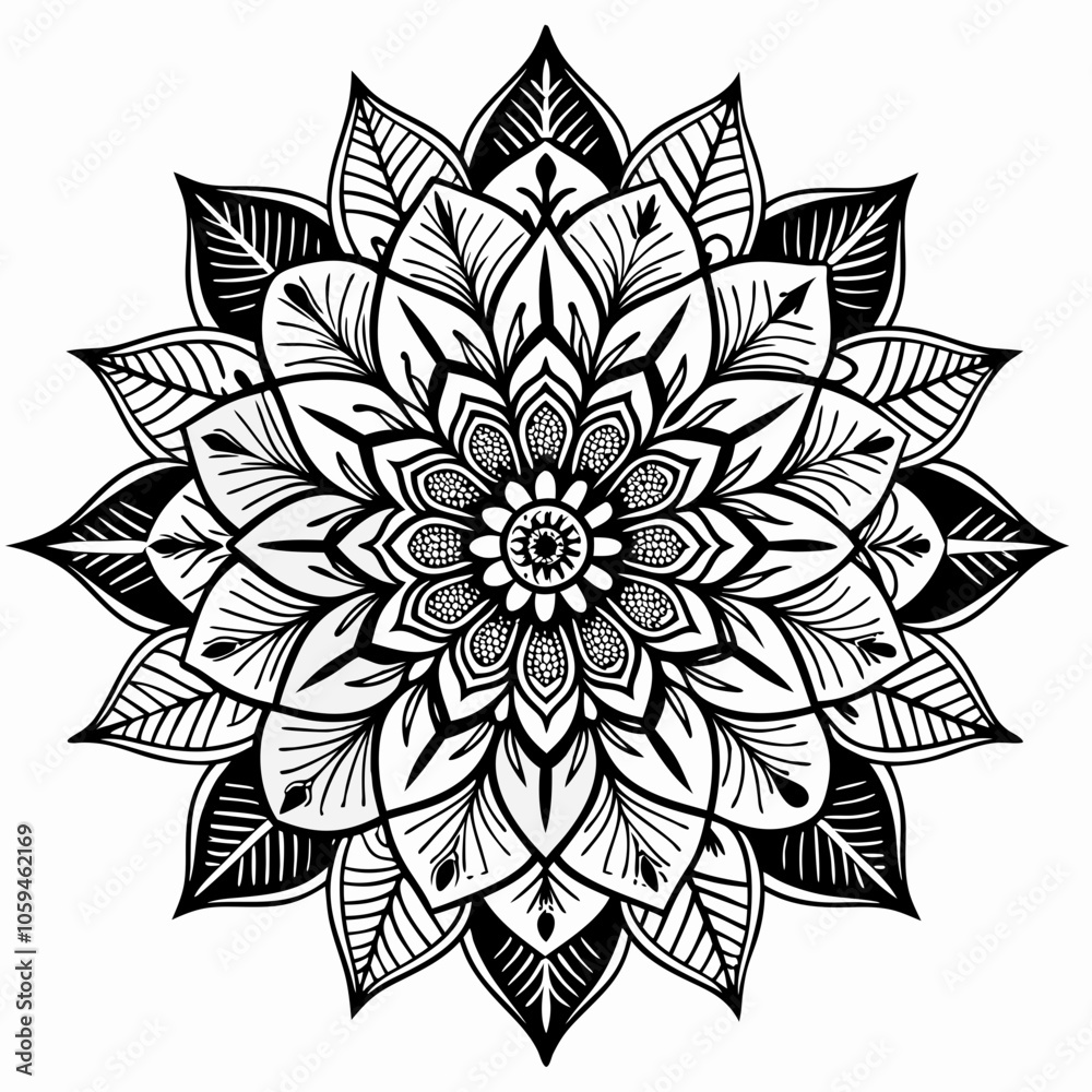 Fototapeta premium Detailed Black and White Mandala with Geometric and Floral Patterns