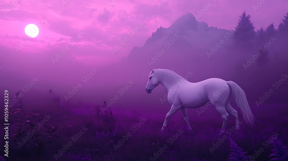 Fototapeta premium Elegant white horse moving across green field and mountains picture