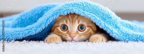 Curious tabby cat with wide eyes peeking from under soft blue blanket on a fluffy carpet at home, banner, background photo