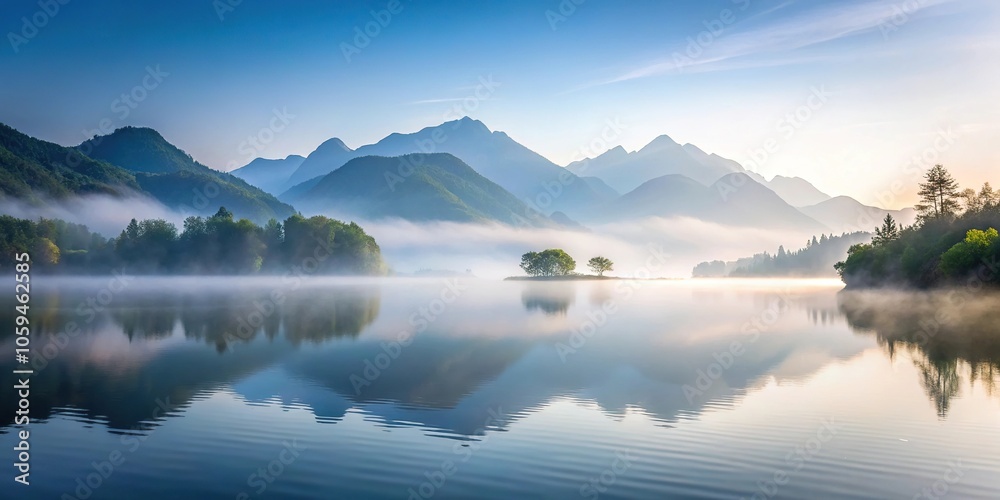 Minimalist nature landscape with misty mountains and serene lake, lakes, mountains