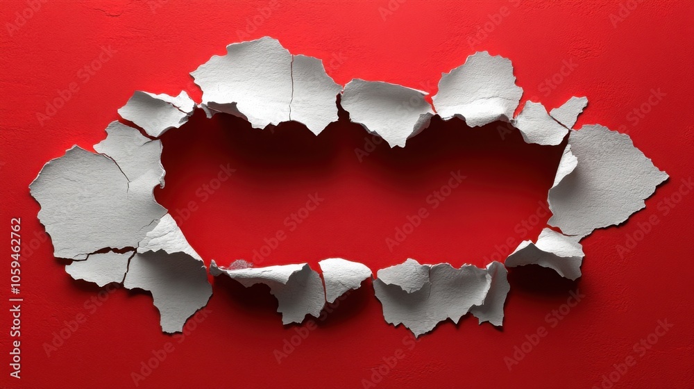 Ripped White Textured Paper on Red Background for Creative Design and Visual Appeal Ripped White Textured Paper on Red Background for Creative Design and Visual Appeal