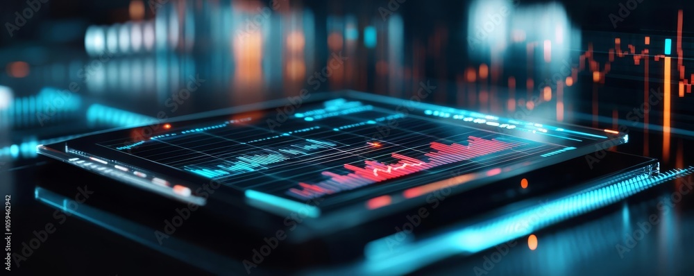 Company earnings analysis, holographic charts, advanced finance setup Company earnings analysis, holographic charts, advanced finance setup