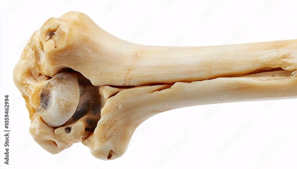 Fototapeta premium Isolated fibula bone resting on solid white background showcasing human skeletal anatomy and structure.