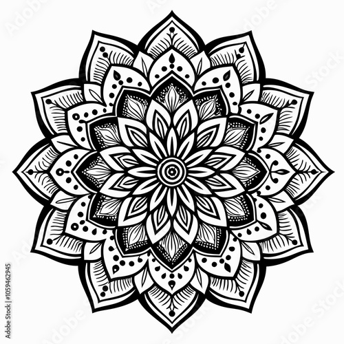 Elegant Symmetrical Black and White Mandala with Floral and Geometric Details