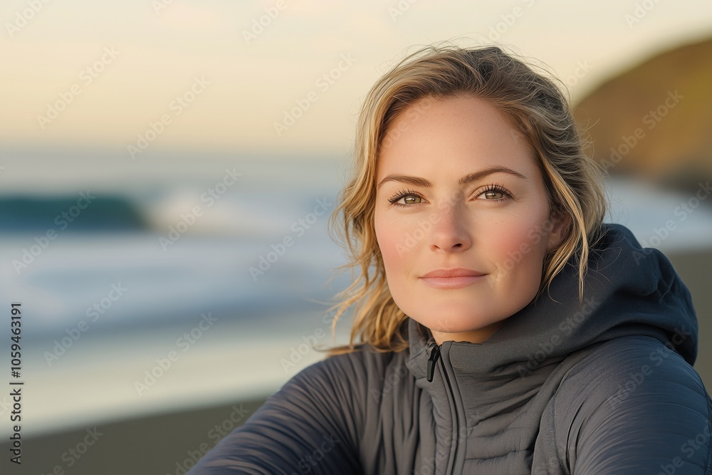 A woman leans on her surfboard at dusk on a sandy beach with gentle waves in the background A woman leans on her surfboard at dusk on a sandy beach with gentle waves in the background