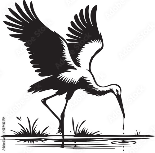 Black vector silhouettes of flying stork, heron, and crane bird illustrations depict wild nature wildlife