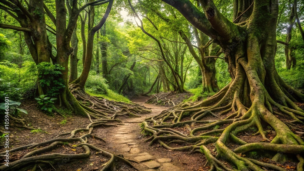 Muddy forest path with twisted tree roots and overgrown vegetation, trees, path Muddy forest path with twisted tree roots and overgrown vegetation, trees, path