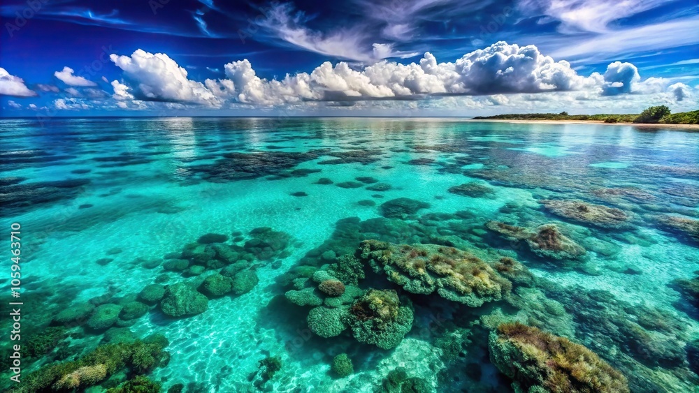 Fototapeta premium Oceanic landscape with coral reef formations amidst turquoise waters, coral reefs, aquatic ecosystem, sea grasses, sunken ships, reef structures