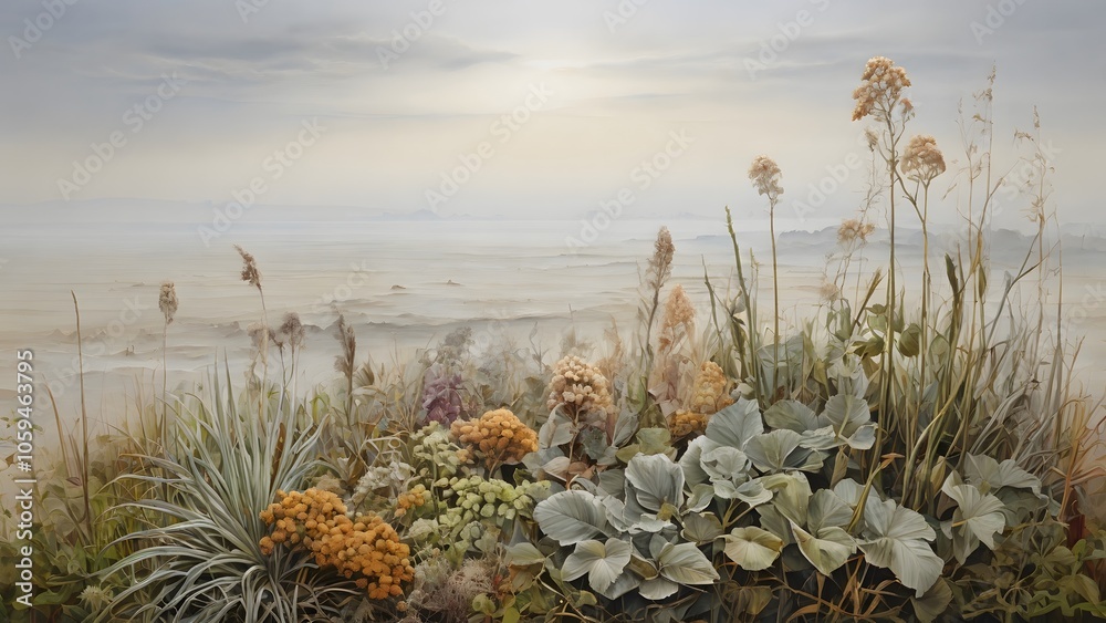 Nostalgic Painting of Coastal Plants in Muted Tones with a Misty Sky and Sea Nostalgic Painting of Coastal Plants in Muted Tones with a Misty Sky and Sea