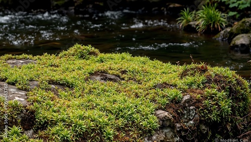 Tranquil moss covered rock in shaded stream