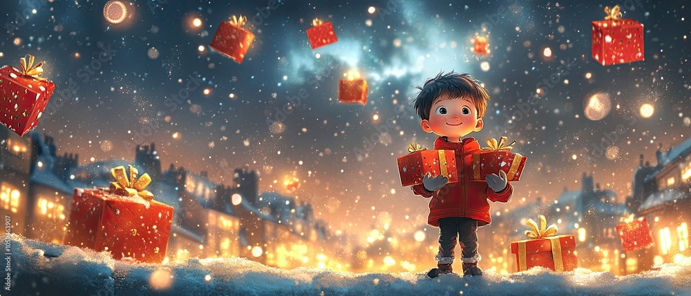 A young boy in a red coat stands in a snowy town square with presents falling around him. A young boy in a red coat stands in a snowy town square with presents falling around him.