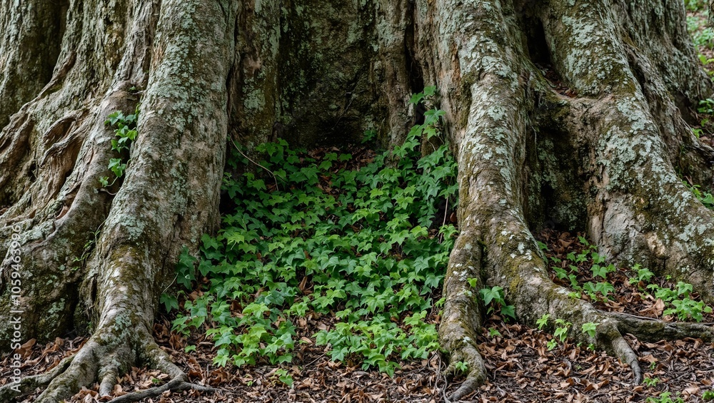 Vibrant green vines embracing an old majestic tree trunk Vibrant green vines embracing an old majestic tree trunk