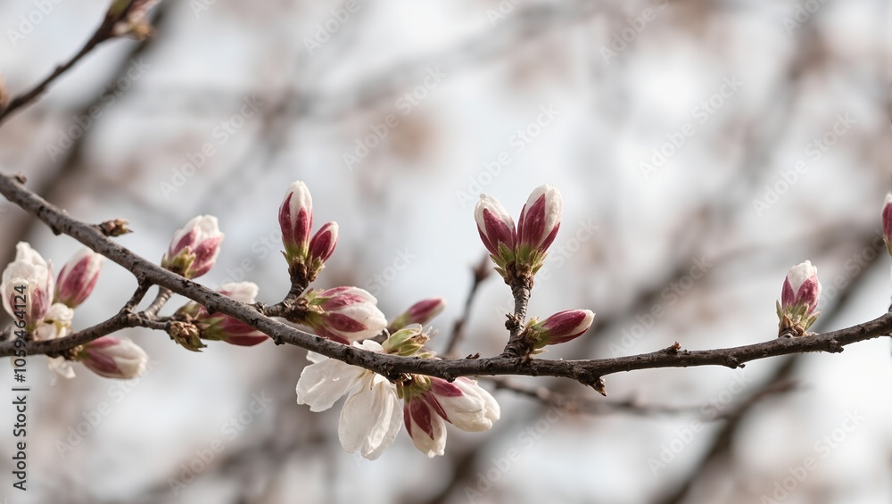 Fresh cherry blossom buds ready to bloom on tree branches signaling the arrival of spring Fresh cherry blossom buds ready to bloom on tree branches signaling the arrival of spring