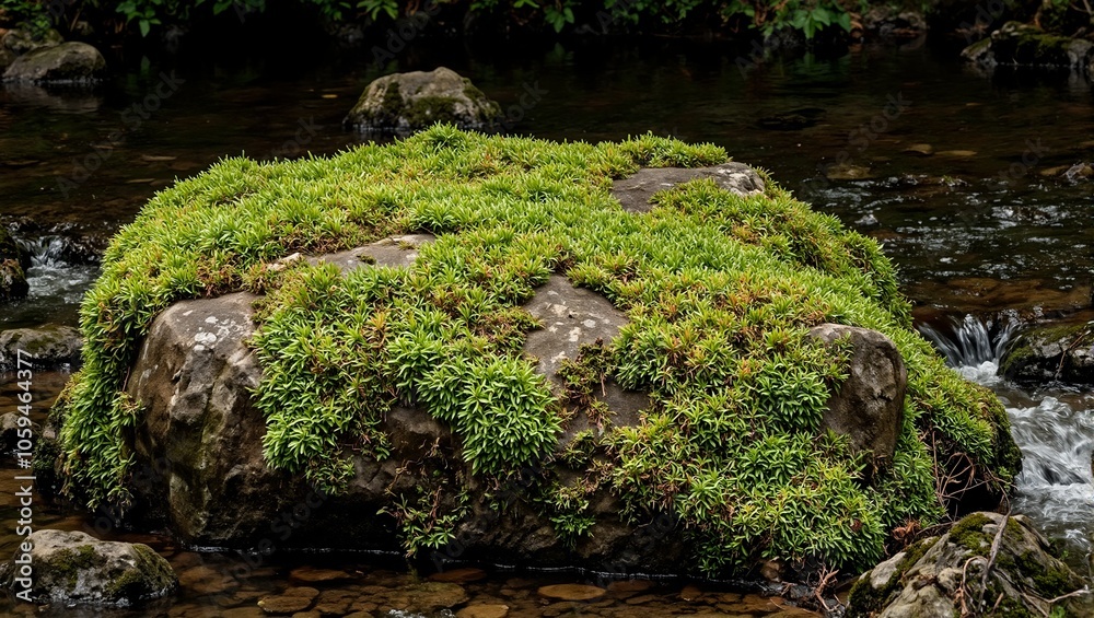 Tranquil moss covered rock in shaded stream Tranquil moss covered rock in shaded stream