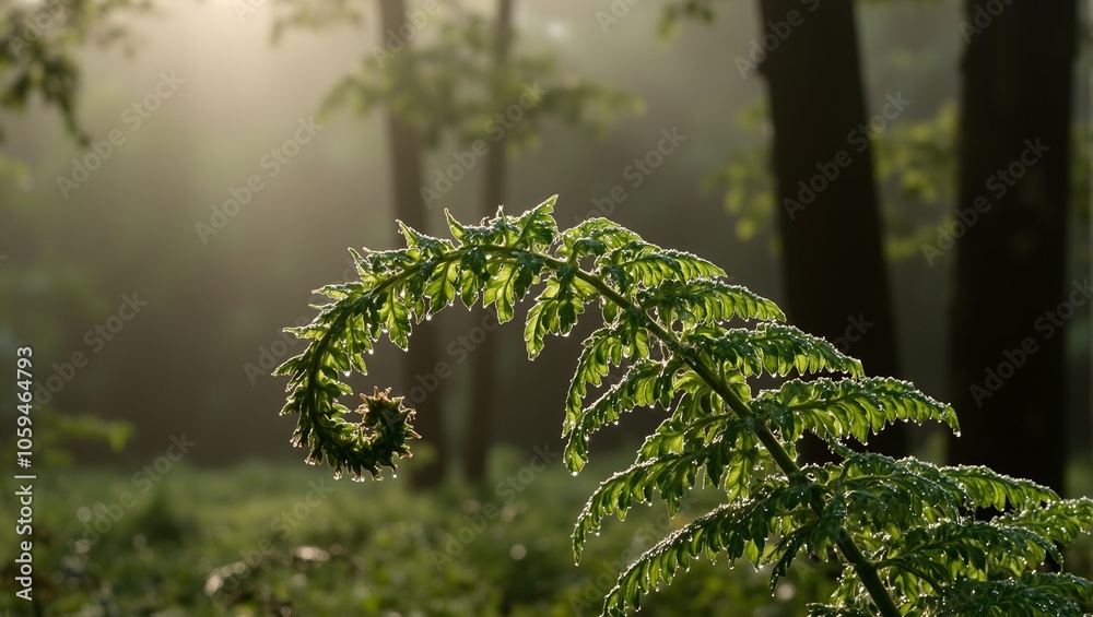 Fototapeta premium Tender fern leaves unfurling in morning dew