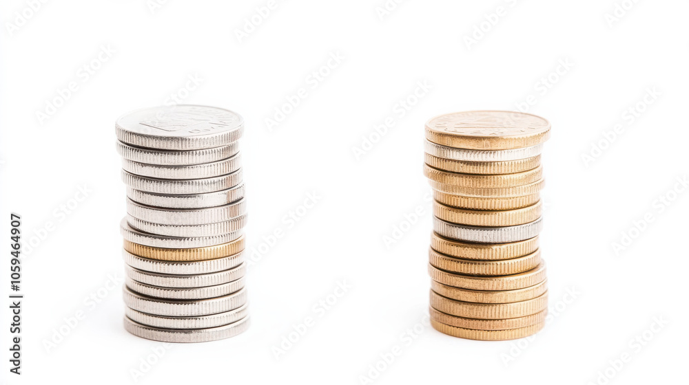 Stacks of silver and gold coins symbolize value and wealth Stacks of silver and gold coins symbolize value and wealth