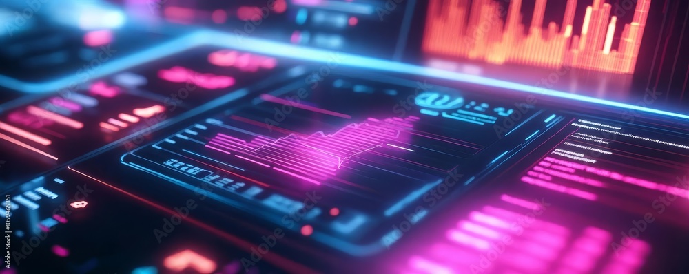 Digital company valuation, holographic report, neon glow interface Digital company valuation, holographic report, neon glow interface