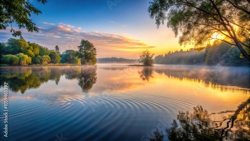 Peaceful lake at dawn with gentle water ripples and surrounding trees, lake, scenery, calm, outdoors, water