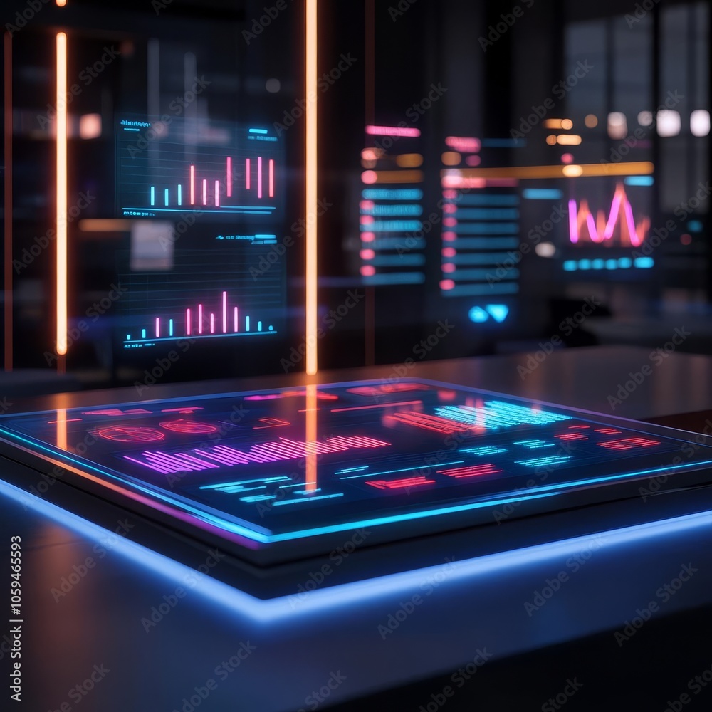 Digital finance strategy, floating holographic charts, executive office