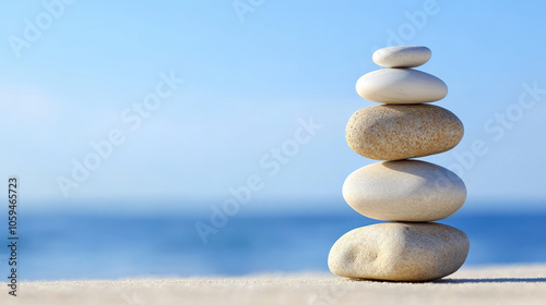 Balanced stones create serene atmosphere by beach