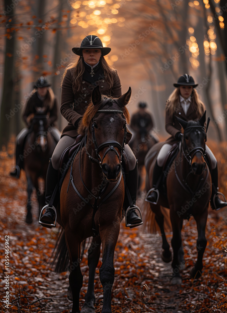 Obraz premium Riders on horseback in a serene autumn forest. Four riders on horseback navigate a tranquil forest path, surrounded by colorful autumn foliage and soft golden light.