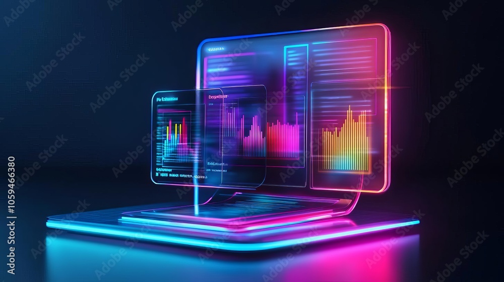 Digital portfolio overview, neon hologram display, corporate setup Digital portfolio overview, neon hologram display, corporate setup