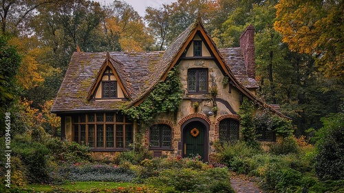 Whimsical fairy tale cottage in an enchanted forest