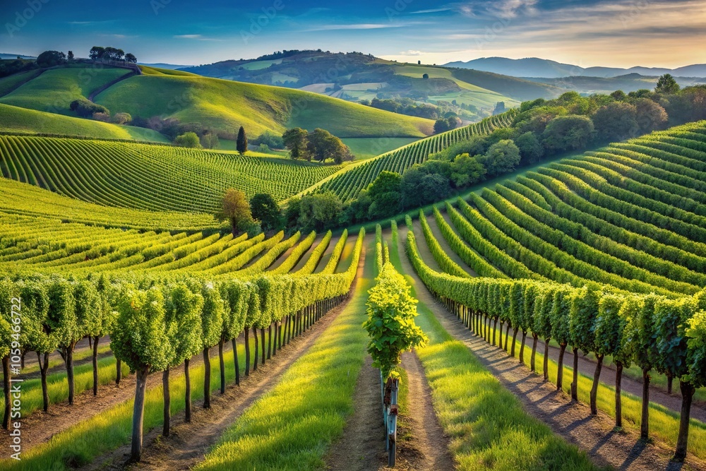 Rolling hills of vineyard with lush greenery and rows of grapevines, rustic charm, vineyard, agriculture, landscape, earthy tones