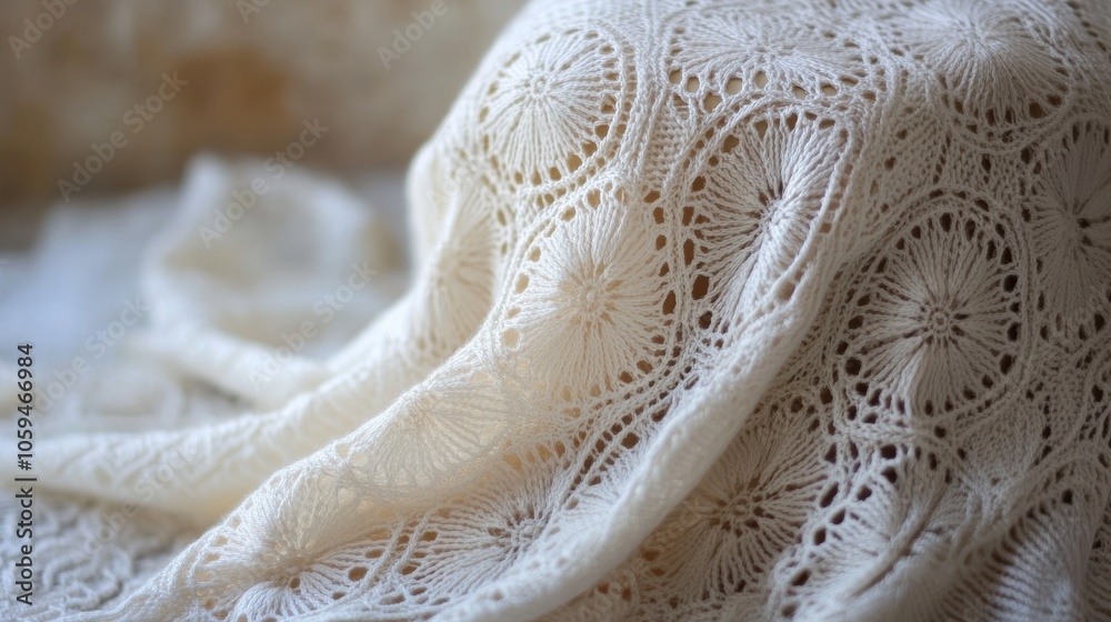 Obraz premium A close-up of an intricately knitted lace fabric showcases delicate patterns in soft cream tones, ideal for crafting, textile design, or home decor projects