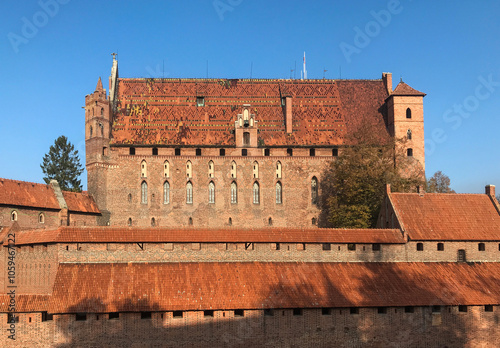 The castel in Malbork, Marienburg as seen from the river Nogat. Teutonic knights architecture in Poland. 