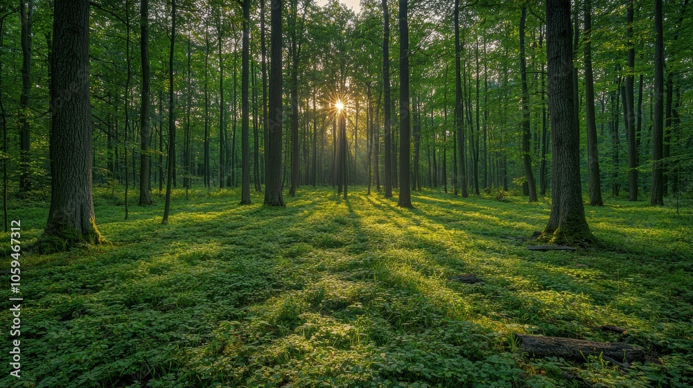 Fototapeta premium Sunlight Streaming Through Trees in Dense Forest