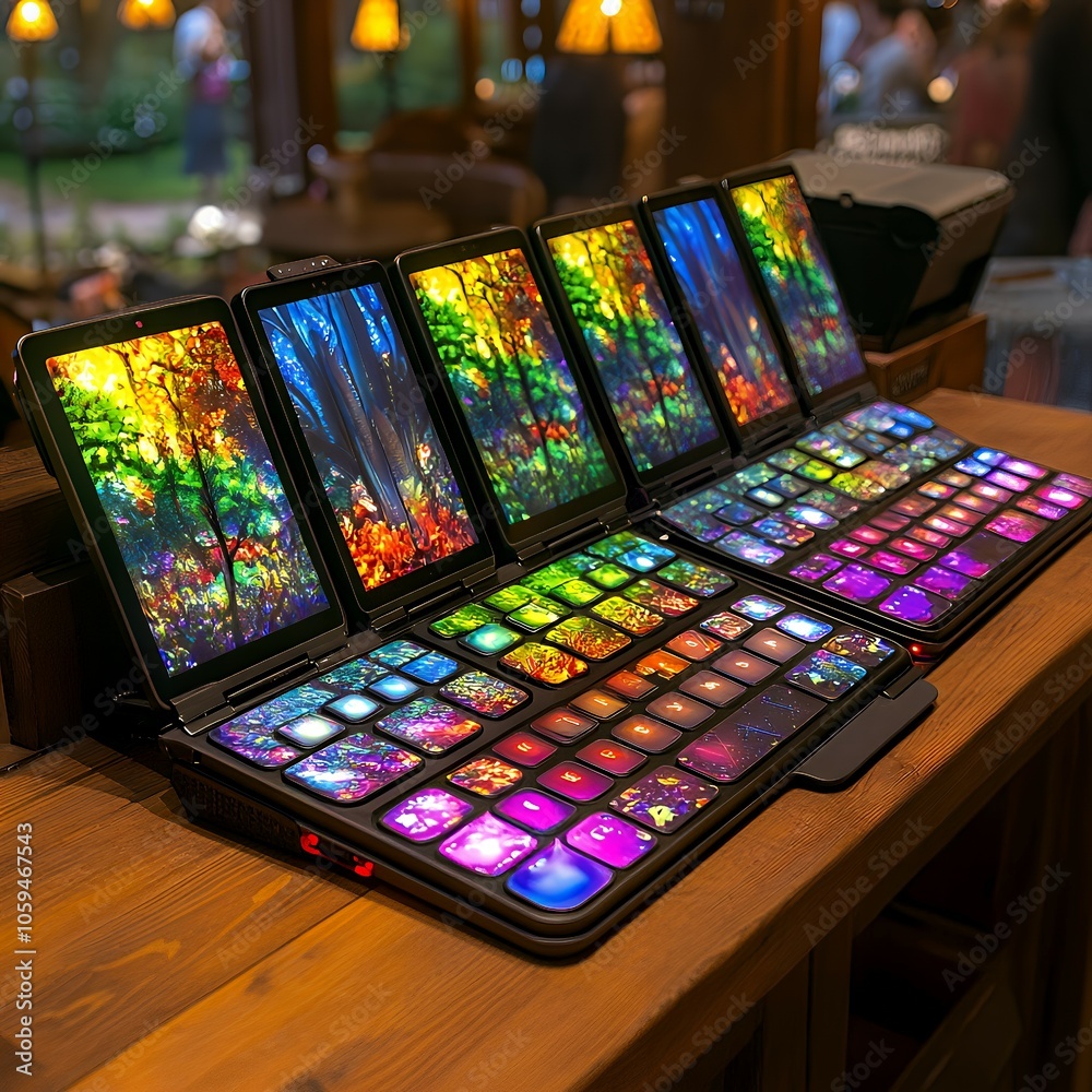 Futuristic multi-screen device with a colorful keyboard. Futuristic multi-screen device with a colorful keyboard.