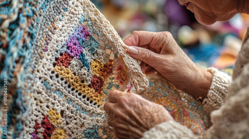 A close-up of skilled hands gently crocheting a colorful piece, showcasing intricate patterns, Ideal for illustrating craftsmanship, hobbies, or the joy of creating handmade items, A close-up of skilled hands gently crocheting a colorful piece, showcasing intricate patterns, Ideal for illustrating craftsmanship, hobbies, or the joy of creating handmade items,