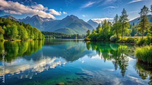 Serene lake with calm water and surrounding mountains covered in lush vegetation, foliage, vegetation