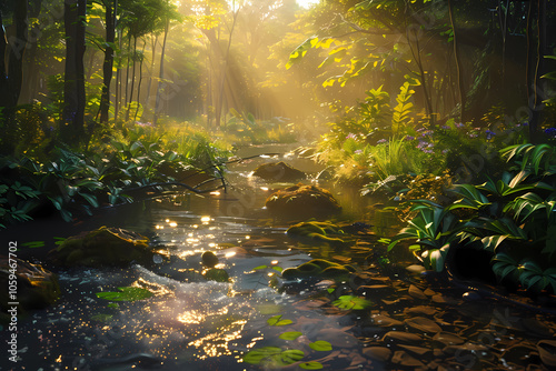 A serene forest scene with sunlight filtering through the trees, illuminating a tranquil stream surrounded by lush greenery.