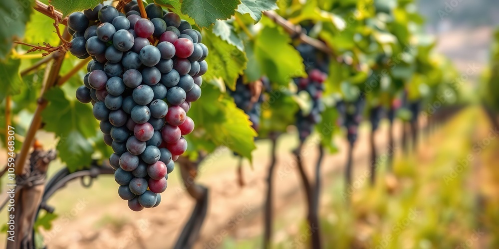 Fototapeta premium Juicy grapes hanging from vine in a lush vineyard, ready to be harvested, countryside, grape, autumn
