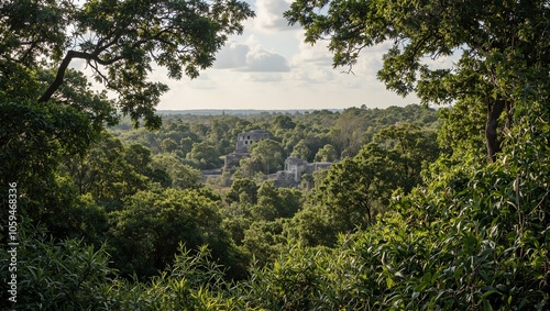 Ancient Mayan ruins in lush Yucatn jungle setting photo