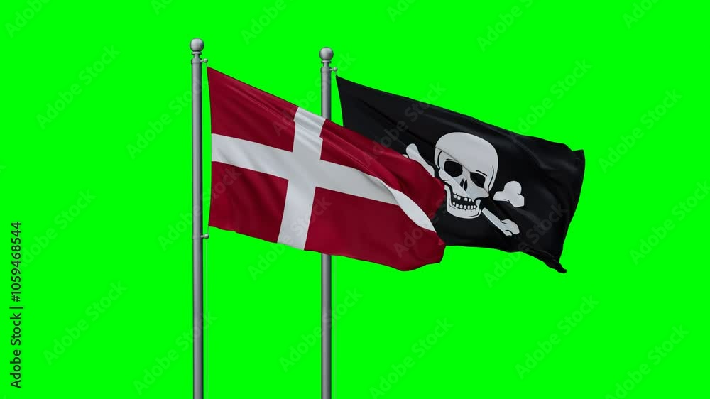 Denmark and Jolly Roger or pirate flags flying together, video concept of the relationship with colored chroma key for easy background remove Denmark and Jolly Roger or pirate flags flying together, video concept of the relationship with colored chroma key for easy background remove