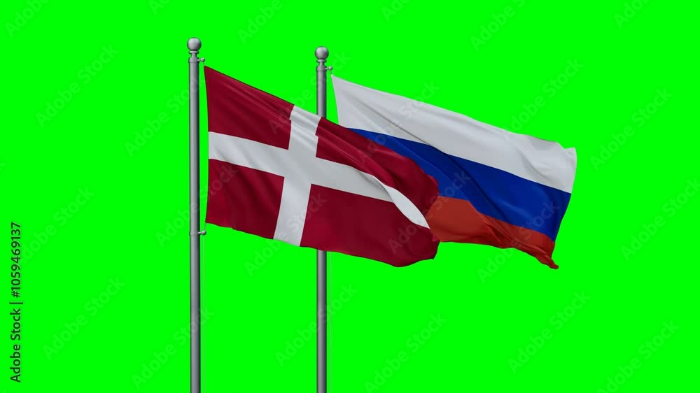 Russian Federation and Denmark flags flying together, video concept of the relationship with colored chroma key for easy background remove Russian Federation and Denmark flags flying together, video concept of the relationship with colored chroma key for easy background remove