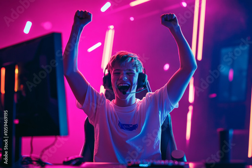 Teenage boy wins computer game, very happy.