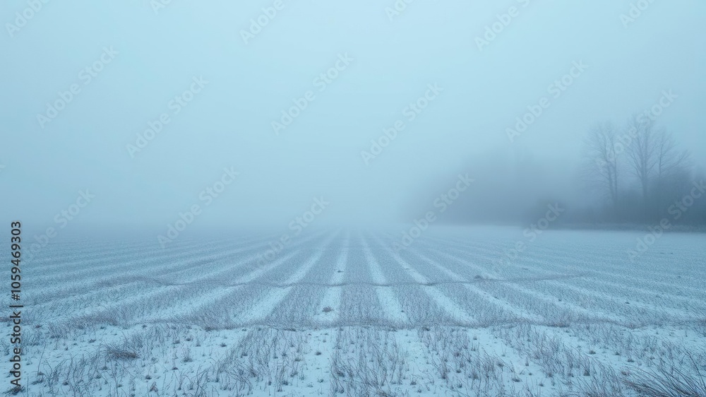 Majestic single tree standing tall in a snowy field enveloped by thick fog, field, tranquil, mist Majestic single tree standing tall in a snowy field enveloped by thick fog, field, tranquil, mist