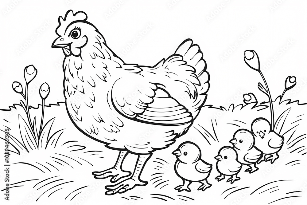 Fototapeta premium A mother hen leads her four fluffy chicks through a grassy field, surrounded by flowers, showcasing a nurturing and lively scene.